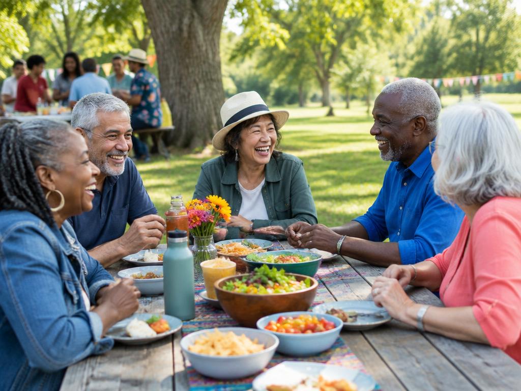 Older friends sharing a meal at an outdoor gathering