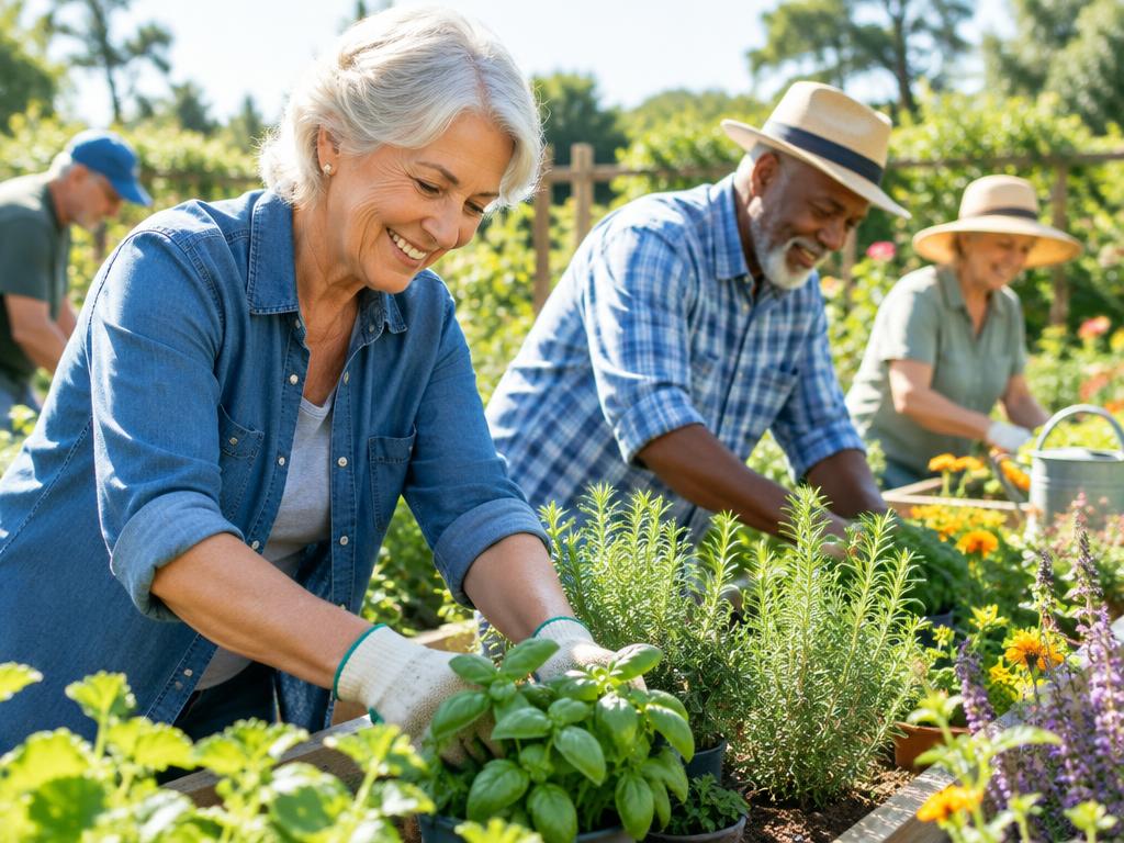 Older adults tending plants together in a community garden