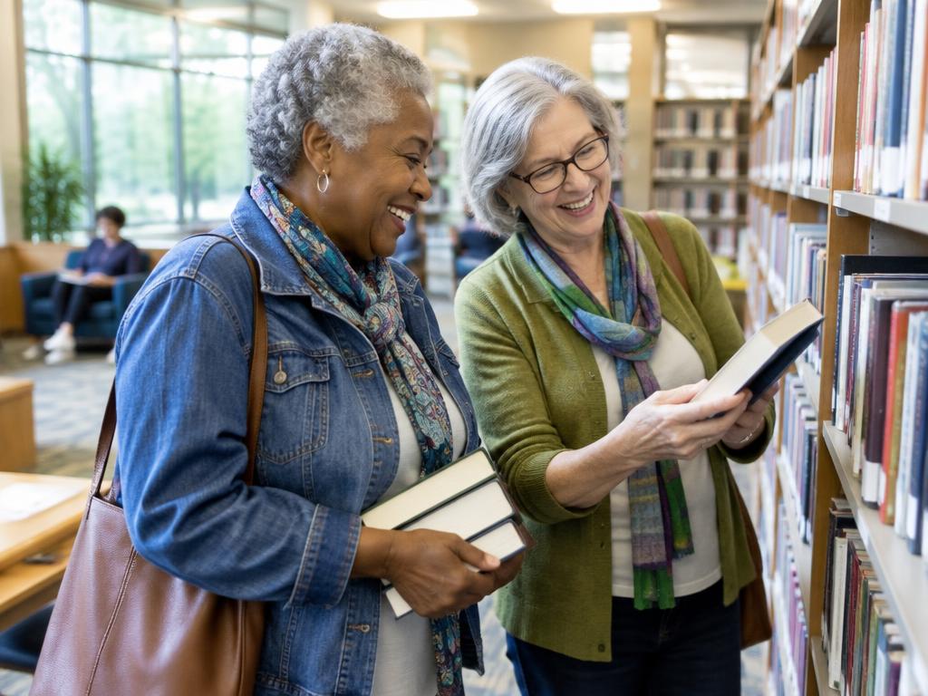 Two older friends browsing books together at a library