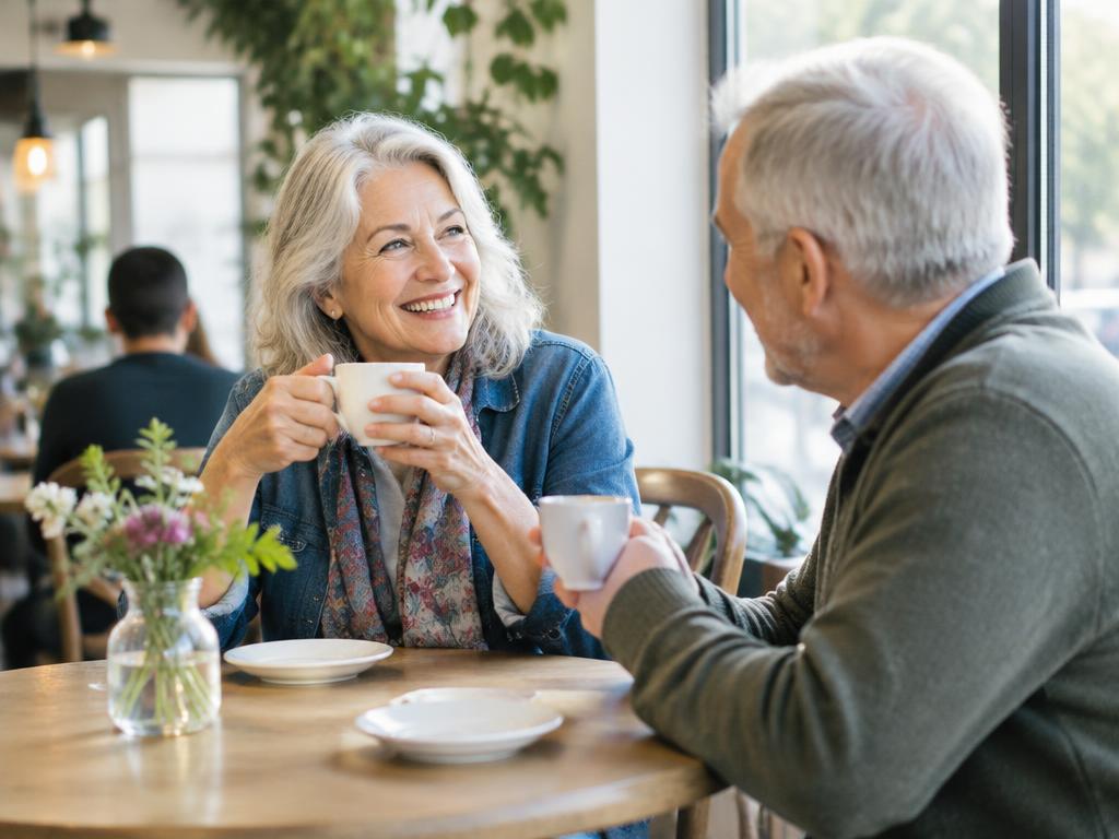 Older friends chatting over coffee in a café