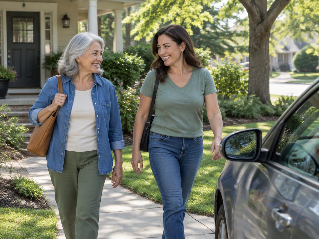 Older woman and companion setting out together from her front door
