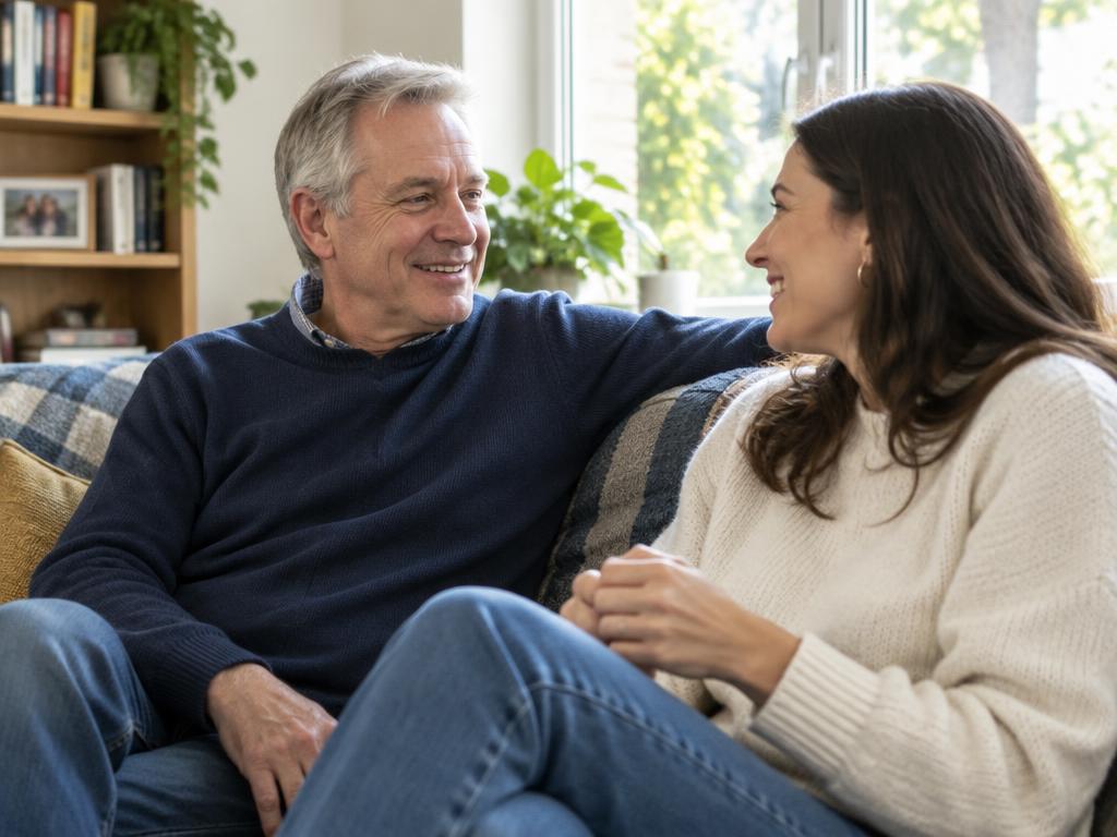 Older father and adult daughter spending time together at home