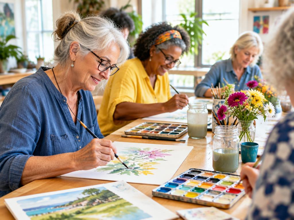 Older friends painting watercolors together