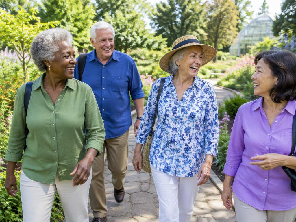 Older friends walking through a garden