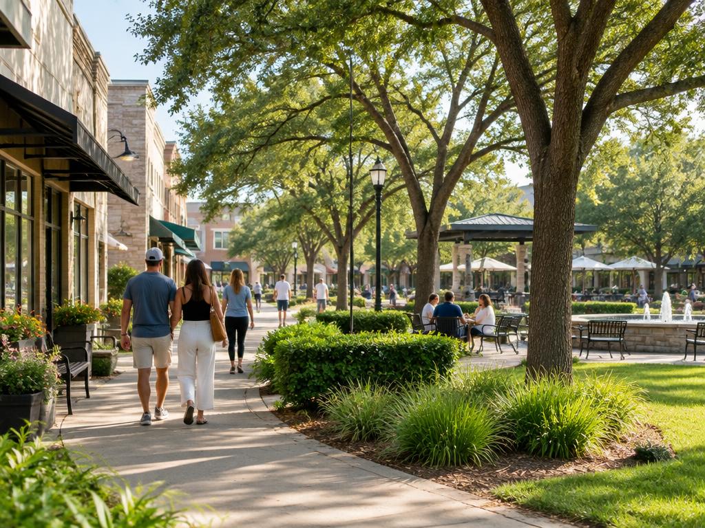 Tree-lined neighborhood plaza with people walking outdoors