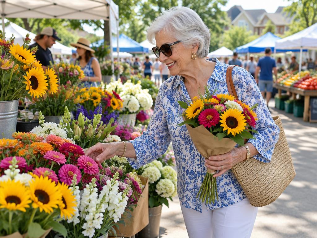Older woman choosing flowers at a neighborhood market