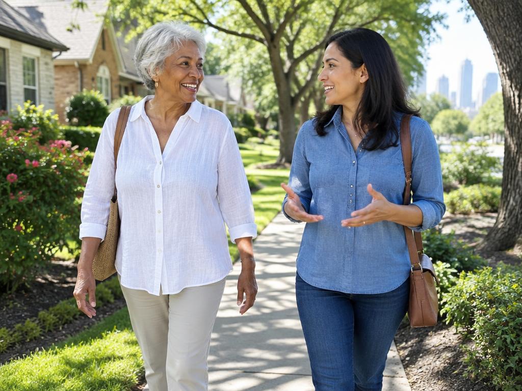 Older woman and companion talking while walking outdoors