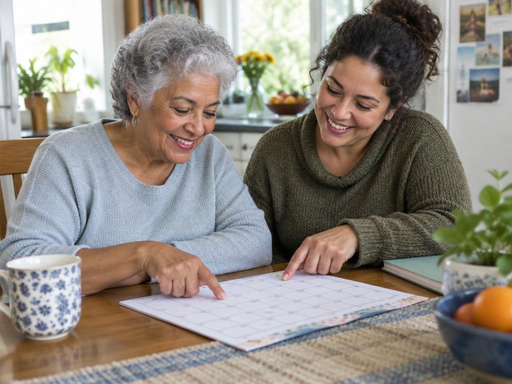 Older woman and companion planning an outing together at a table
