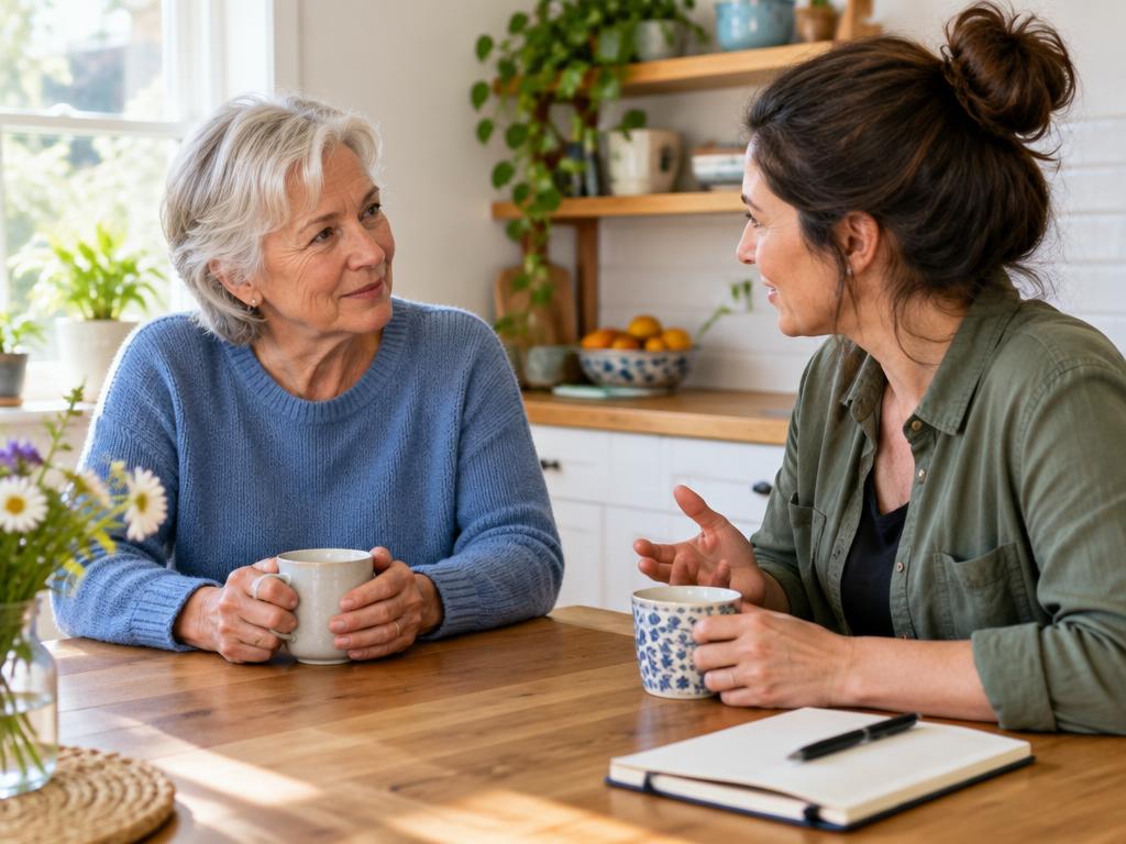 Older woman and companion discussing plans over coffee