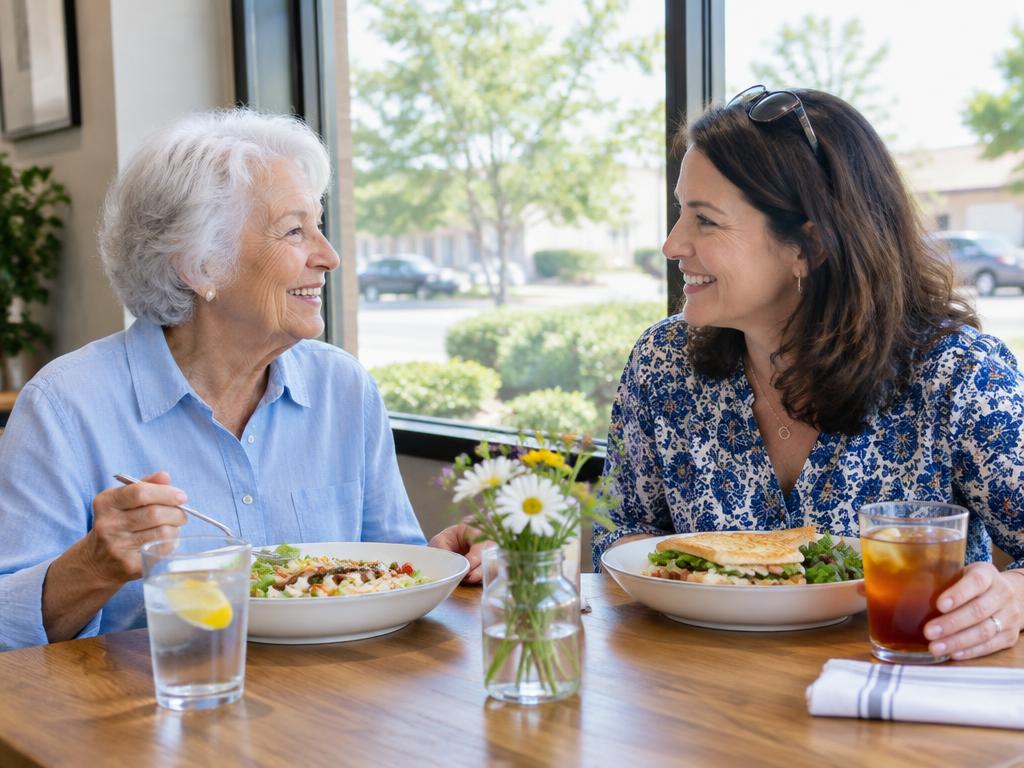 Older woman and companion enjoying lunch together after an outing