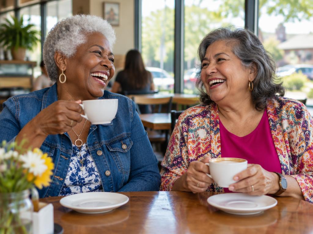 Two older friends laughing together over coffee