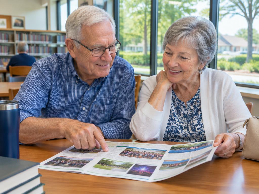 Older friends looking over local events together at a library