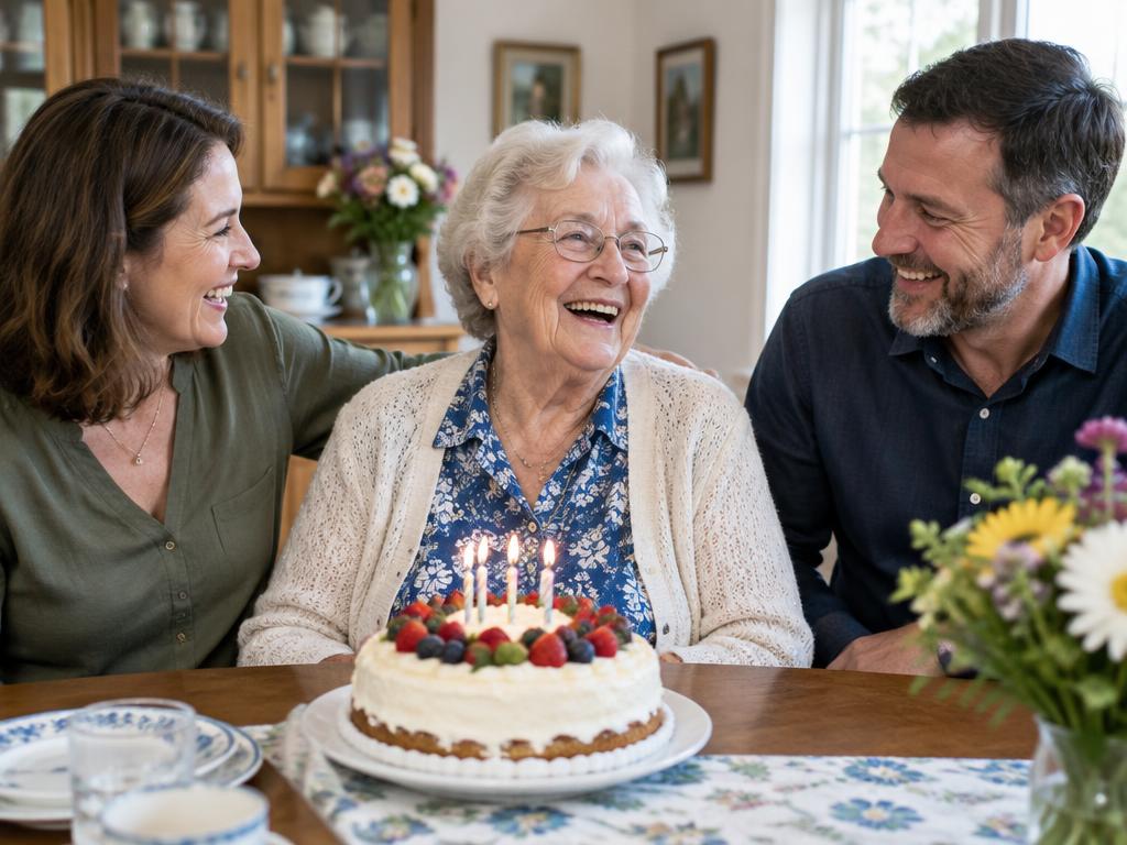 Older woman celebrating a birthday with adult family members