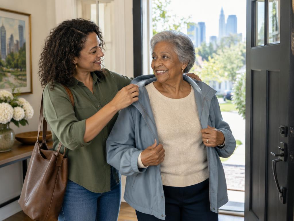 Older woman and adult daughter getting ready to leave home together