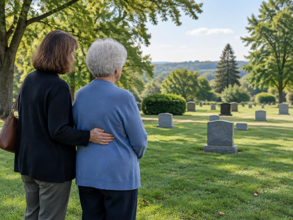 Older woman and companion sharing a quiet memorial visit