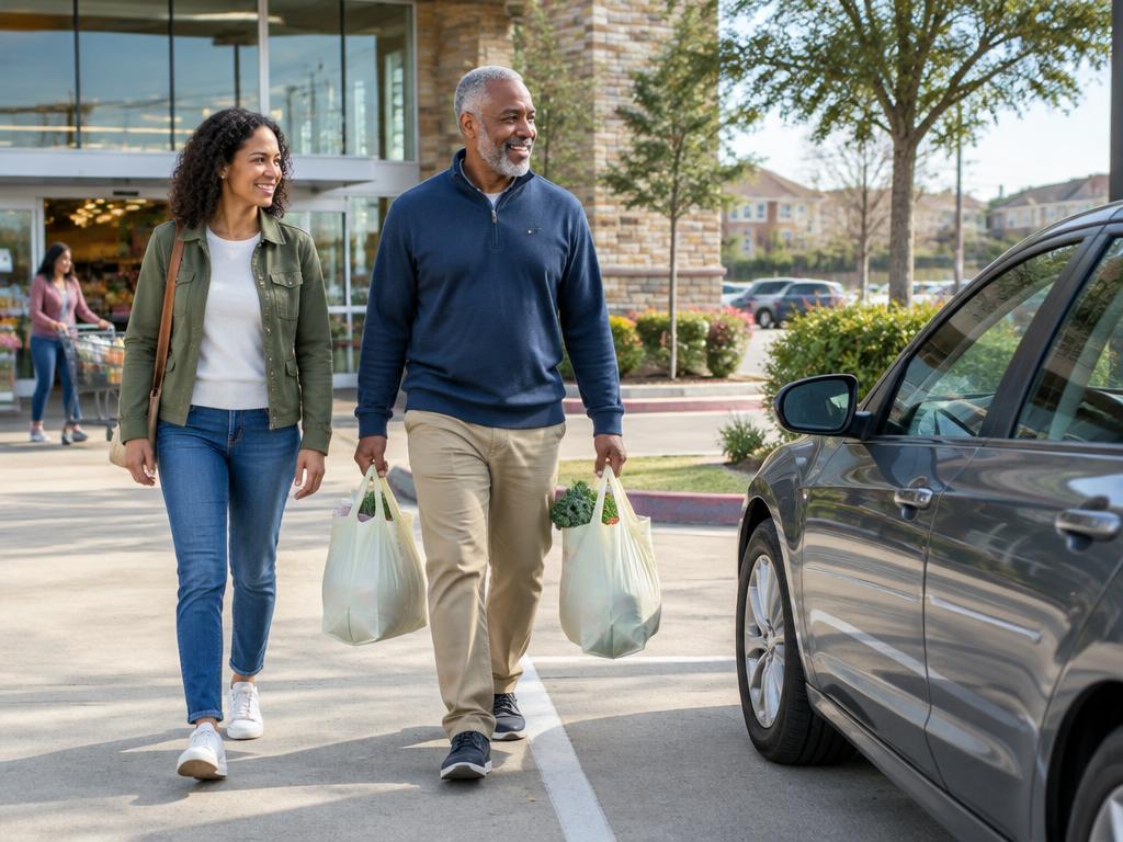 Older man and companion carrying groceries toward a car